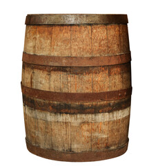 Fototapeta premium One wooden barrel with metal hoops isolated on white