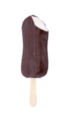 Delicious bitten chocolate-glazed ice cream bar isolated on white, top view