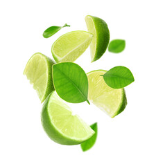Fresh lime slices and green leaves falling on white background