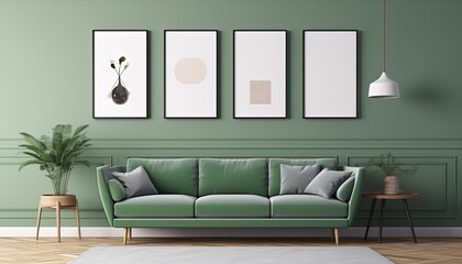 contemporary interior design for 3 poster frames in living room mock up with green couch, wooden pot and floor lamp, template, 3d render, illustration, Generative ai
