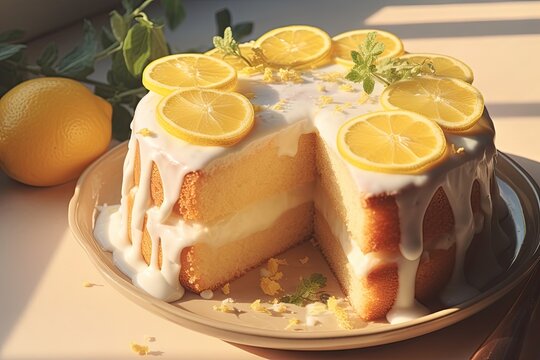 lemon cake on a plate with lemon slices on it