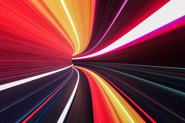 3d illustration of light tunnel made of vibrant neon lines. 3d rendering of bright light trails, perspective view. 