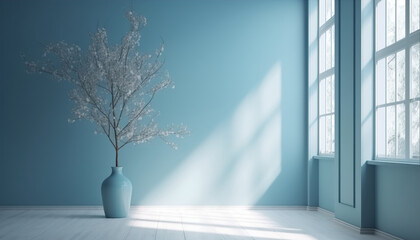 Empty interior background, room with blue wall, vase with branch and window 3d rendering , Generative ai