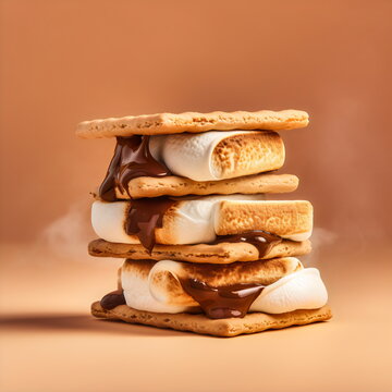 layered stack of smores isolated on plain brown studio background, made with generative ai
