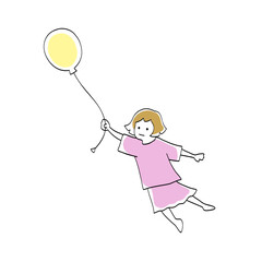 風船を持って飛んでいく子どもの線画イラスト