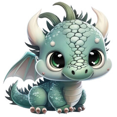 Cute baby mint dragon, teal funny fantasy creatures isolated with a transparent background, baby invitation template design created with Generative AI.