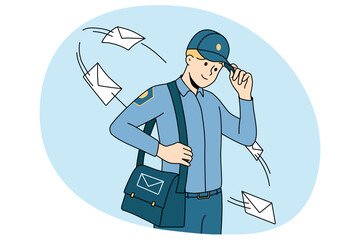 Smiling postman in uniform with bag full of post to deliver. Happy young mailman delivering letters to receivers. Postal service. Vector illustration.