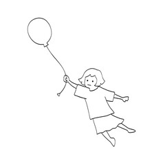 風船を持って飛んでいく子どもの線画イラスト　白黒