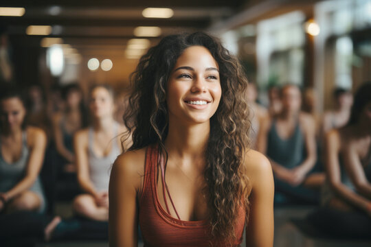  Mixed race smiling woman portrait. Group of people practicing yoga in hall