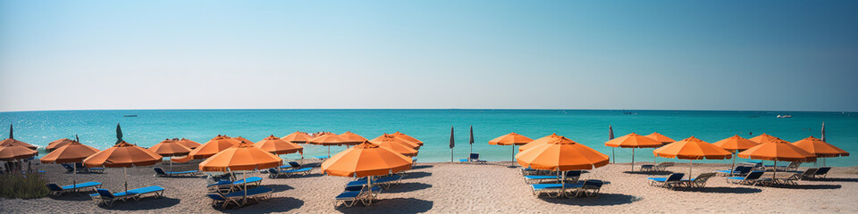 Generative AI, beach umbrellas on the shore of the blue sea, sandy shore, sun, summer, vacation in a tropical country by the ocean, sunbeds, comfortable stay, south, hotel, travel, banner, parasol