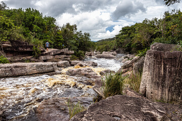 The river Mucugezinho in Chapada Diamantina, Bahia, Brazil with running water, forming a waterfall and Poco do Pato