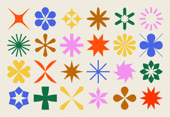 Collection of star and flower geometric shapes, inspired by Brutalism. Colorful, minimalist and abstract symbols. Isolated vector and decorative patterns. - obrazy, fototapety, plakaty