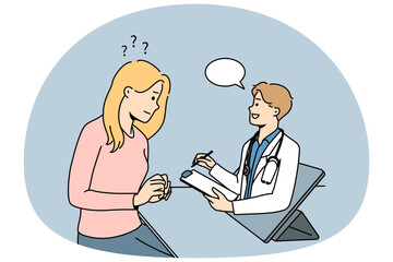 Woman having online consultation with doctor on gadget. Female patient talk with therapist or medical specialist on internet. Remote medicine. Vector illustration.
