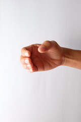 Obraz premium Hands posing holding a bottle on a white background.
