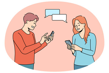 Happy man and woman chatting texting online on smartphones. Smiling couple dating on internet. Social media application concept. Vector illustration.