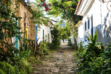 Fototapeta na wymiar Fire street, Rua do Fogo at Paraty, Brazil with colonial houses and streets