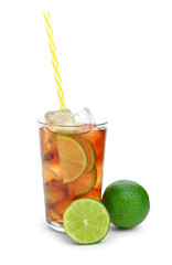 Glass of cold Cuba Libre cocktail isolated on white background