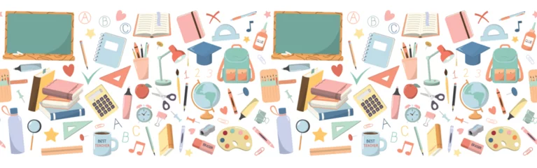 Foto op Canvas School education seamless border with cartoon school supplies, stationery. Back to school theme design. Isolated on white background. © Alex_Zakharov