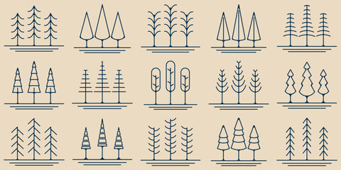 set pines tree line art icon logo symbol minimalist vector illustration design