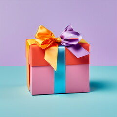 coloful gift box tied with ribbon and bow isolated on plain studio background, made with generative ai