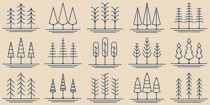 set pines tree line art icon logo symbol minimalist vector illustration design