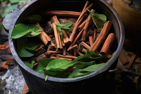 Ayahuasca Brew in a pot, Psychedelic Psychotropic drugs, Amazonian Shamanistic mind ritual