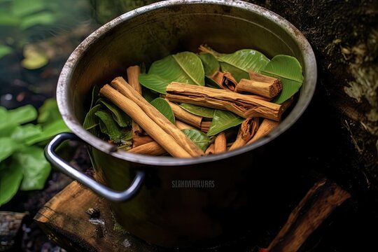 Ayahuasca Brew in a pot, Psychedelic Psychotropic drugs, Amazonian Shamanistic mind ritual