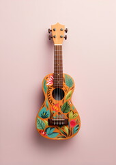 tropical flowers painted ukulele guitar isolated on plain pink studio background, made with generative ai
