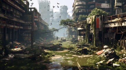 Depict the remnants of a once - thriving city now in decay, with dilapidated buildings, overgrown vegetation, and cybernetic scavengers searching for valuable tech