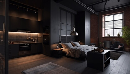 luxury studio apartment with a free layout in a loft style in dark colors. Stylish modern kitchen area with an island, cozy bedroom area with fireplace and personal gym , Generative ai