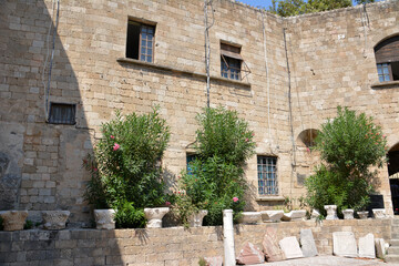 Fototapeta premium brick wall with green trees of ancient medieval castle isolated, close up