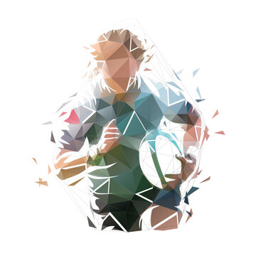 Female rugby player, woman holding ball and running, isolated low polygonal vector illustration from triangles, front view