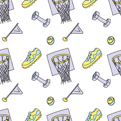 Blue and yellow Pattern of sport elements made in doodle style. Doodle basketball basket, dumbbells, sneakers, ball. Sport object for banner design. Cute cartoon character.