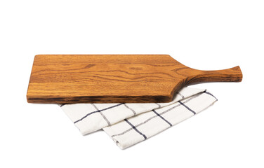 Cutting board isolated on white background. Kitchen wooden cutting board and kitchen towel. Kitchenware. Menu. Recipe. The concept of cooking.
