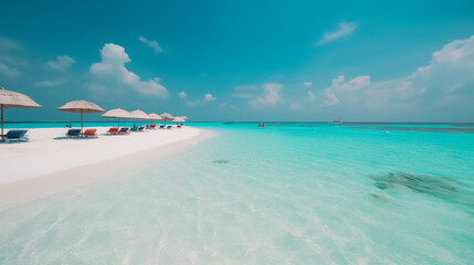 Obraz premium Generative AI, beach umbrellas on the shore of the blue sea, sandy shore, sun, summer, vacation in a tropical country by the ocean, sunbeds, comfortable stay, south, hotel, travel, banner, parasol