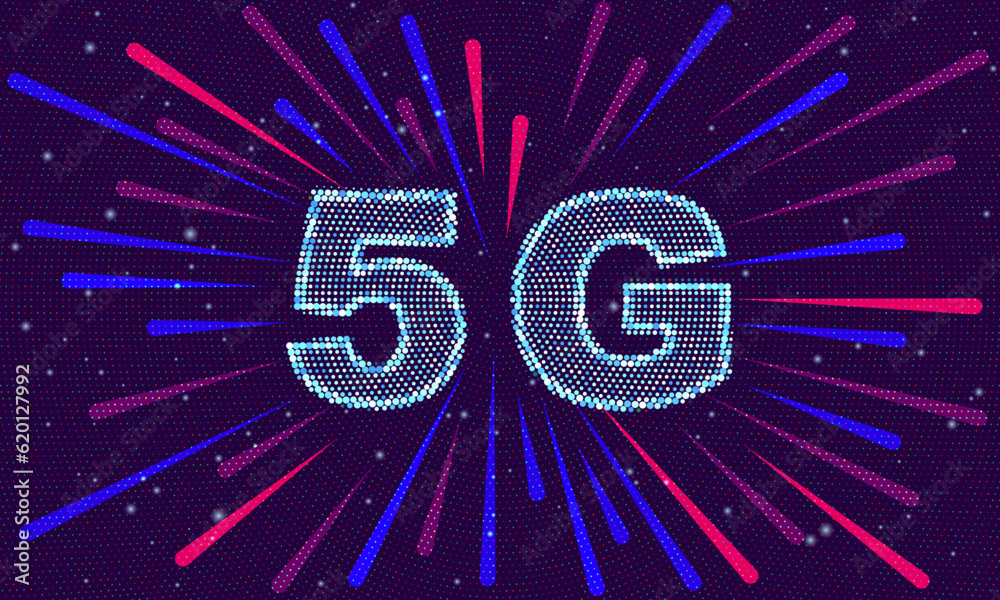 Poster 5g big data explosion with radiation elements. Speed data channel. Particle motion trails.