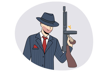 Bearded man criminal in suit and hat holding handgun. Male gangster with gun in hands. Concept of crime and mafia. Vector illustration.