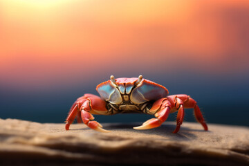 Crab on the beach at sunset, close-up. Nature background