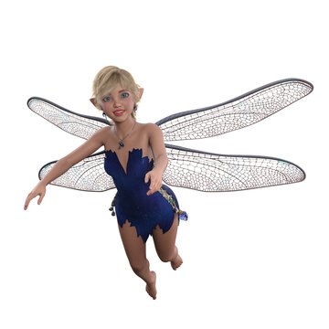 Enchanting fairy flying in a blue dress. Isolated 3D illustration.