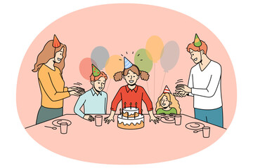 Happy family with children celebrate birthday blowing candles on cake. Excited kid with parents have fun on anniversary celebration. Vector illustration.