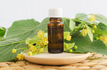 Small bottle with essential linden (tilia, basswood, lime tree) oil. Natural skin care, homemade spa and beauty treatment.