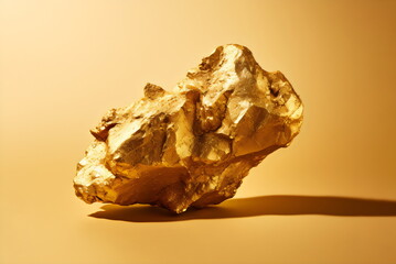 shiny gold nugget isolated on plain yellow studio background, made with generative ai