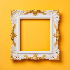 ornate empty gold frame with copy space isolated on plain yellow studio background, made with generative ai