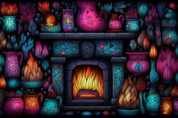 Cartoon Cute Doodles Cozy Fireplace Seamless Pattern, Generative AI