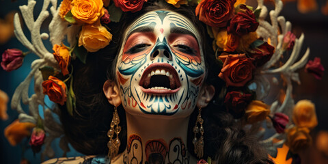 Dia de los Muertos and Halloween Fusion: Woman Screaming with Skull Makeup