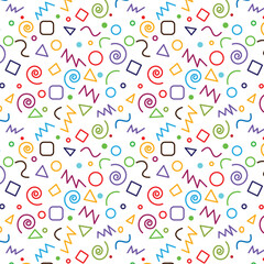 Fun colorful line doodle seamless pattern. Simple childish scribble backdrop. Colorful swirls, circles, lines.