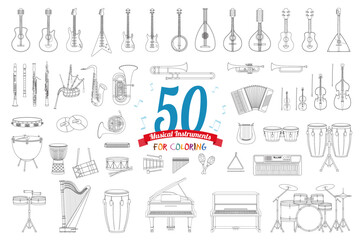 Vector illustration set of 50 musical instruments for coloring in cartoon style isolated on white background - 620129598