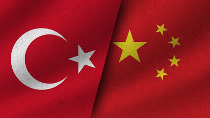 China and Turkey Realistic Two Flags Together, 3D Illustration
