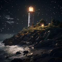 lighthouse at night in the sea