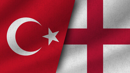 England and Turkey Realistic Two Flags Together, 3D Illustration